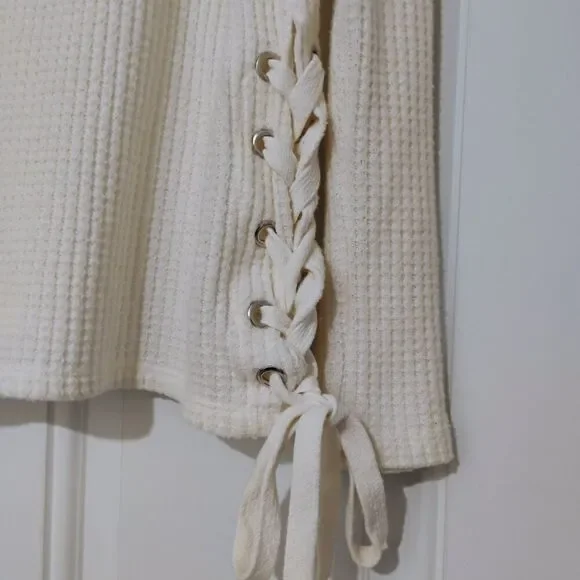 Z Supply Top Women's Thermal Waffle Knit Boho Laced Side Ties Oversized Cozy XS - Picture 9 of 13